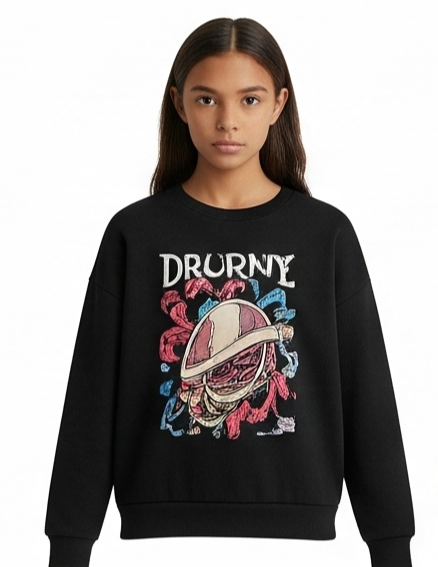 Teen girl wearing a black crewneck sweatshirt with a shimmering, galaxy-inspired abstract print.
